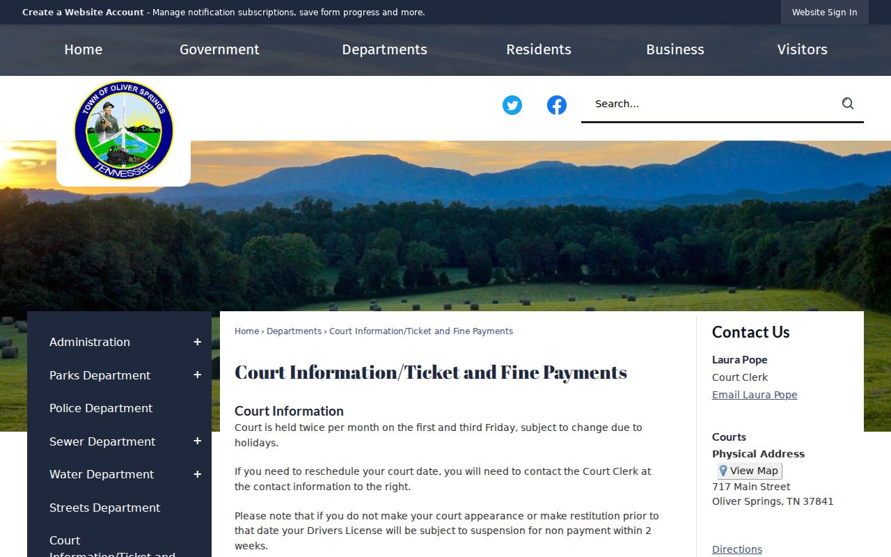 Oliver Springs warrant records and Town Court twice-monthly schedule