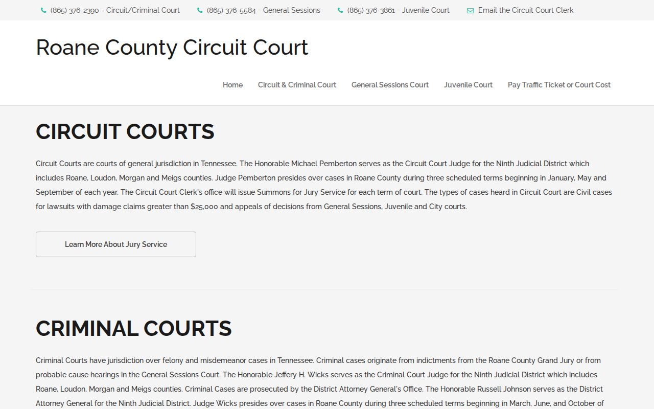 Roane County warrant records court jurisdiction page