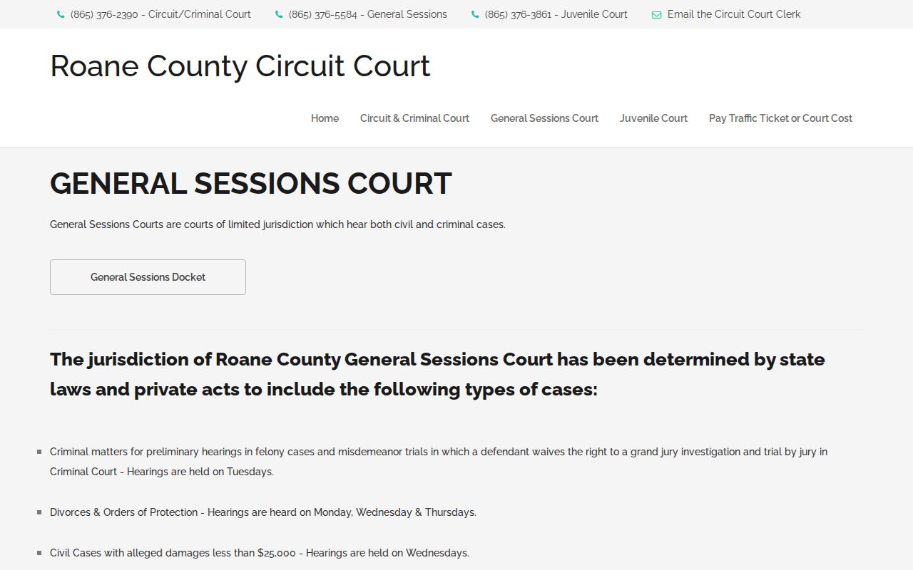 Roane County warrant research and General Sessions traffic schedule